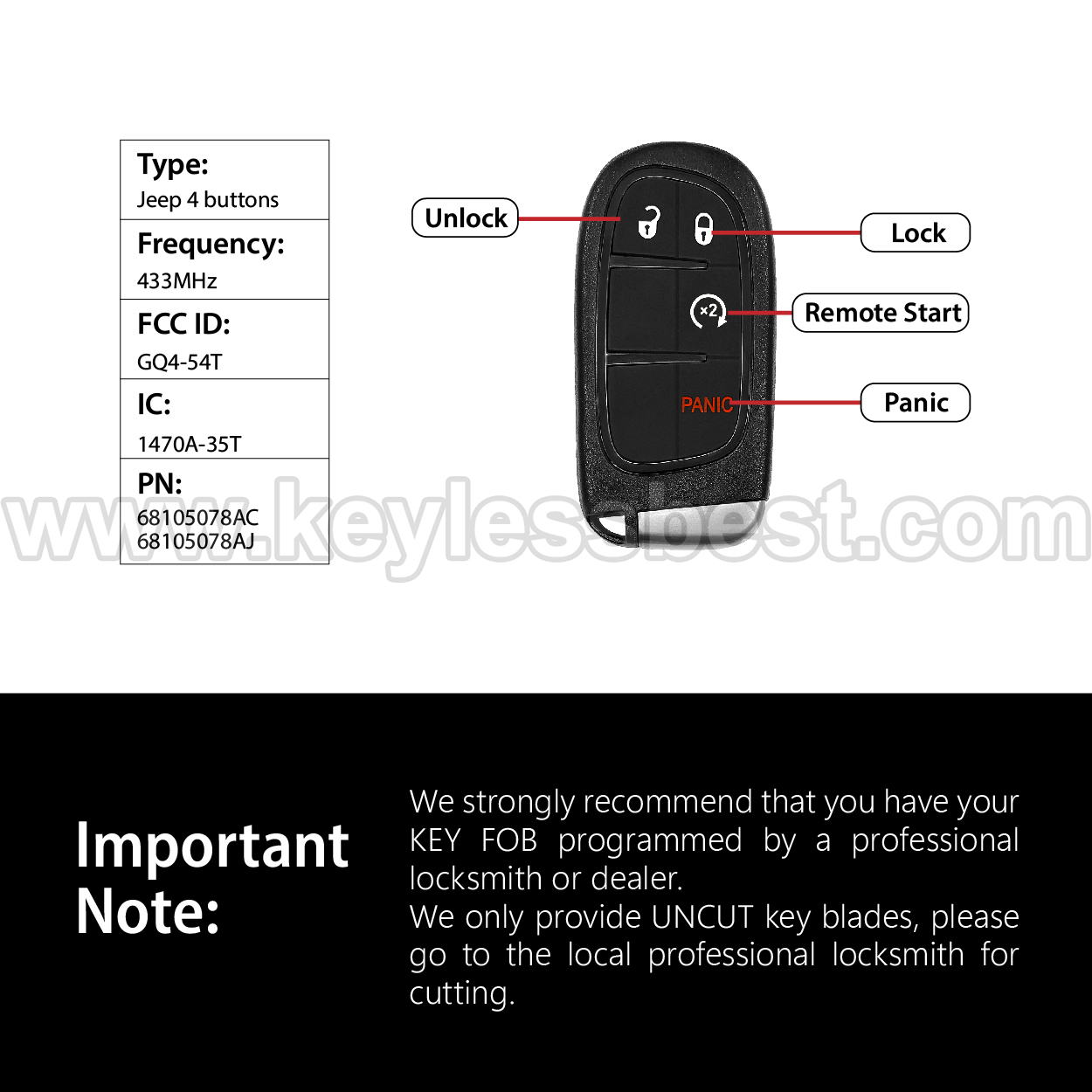2014-2021 Jeep Cherokee / 4 Buttons Keyless Entry Remote / GQ4-54T / PN: 68105078AC / 68105078AJ / 4A - Image 3