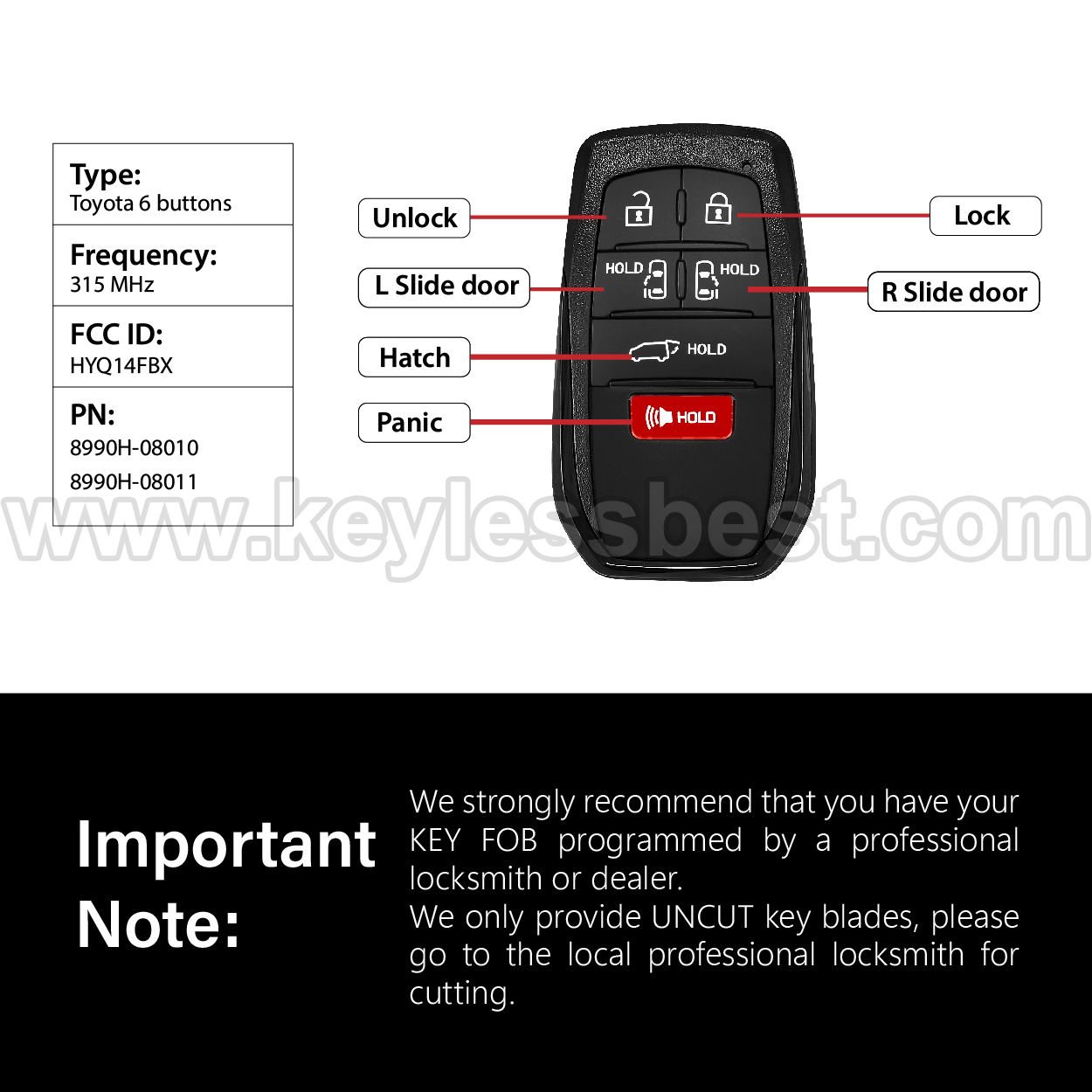 2021-2023 Toyota Sienna / 6 Buttons Keyless Entry Remote / HYQ14FBX / PN: 8990H-08010, 8990H-08011 - Image 3