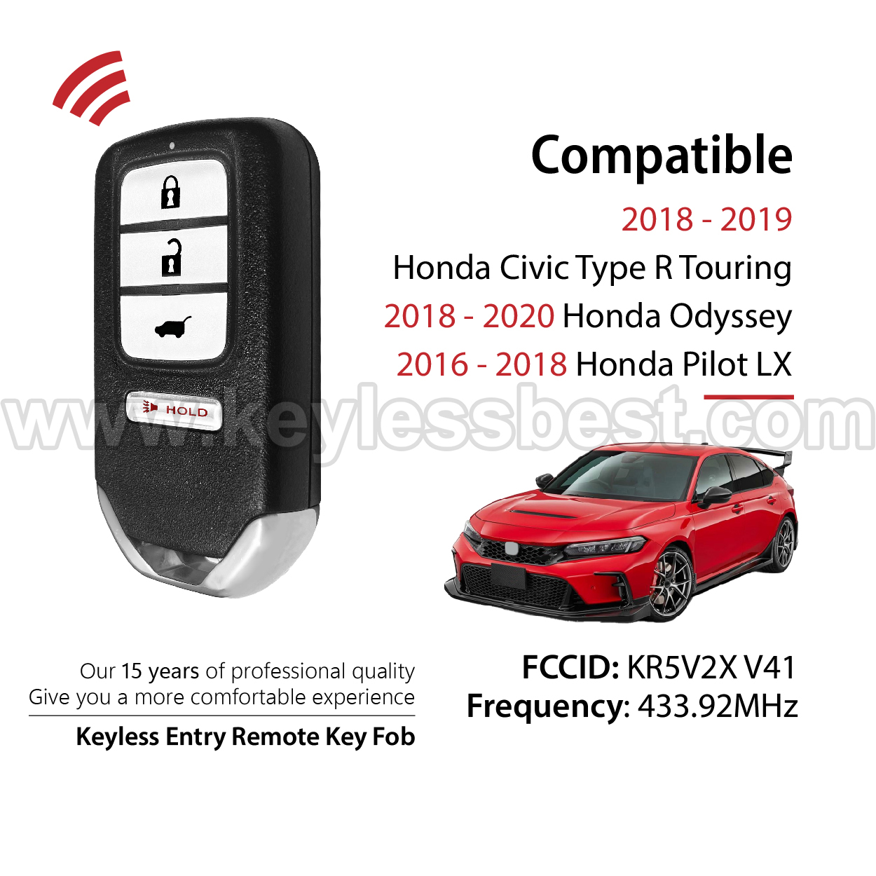 2016-2020 Honda Civic Type R Touring Odyssey Pilot LX / 4 Buttons Keyless Entry Remote / KR5V2X V41 / PN: 72147-TG7-A01 , 72147-TLA-X12 - Image 2