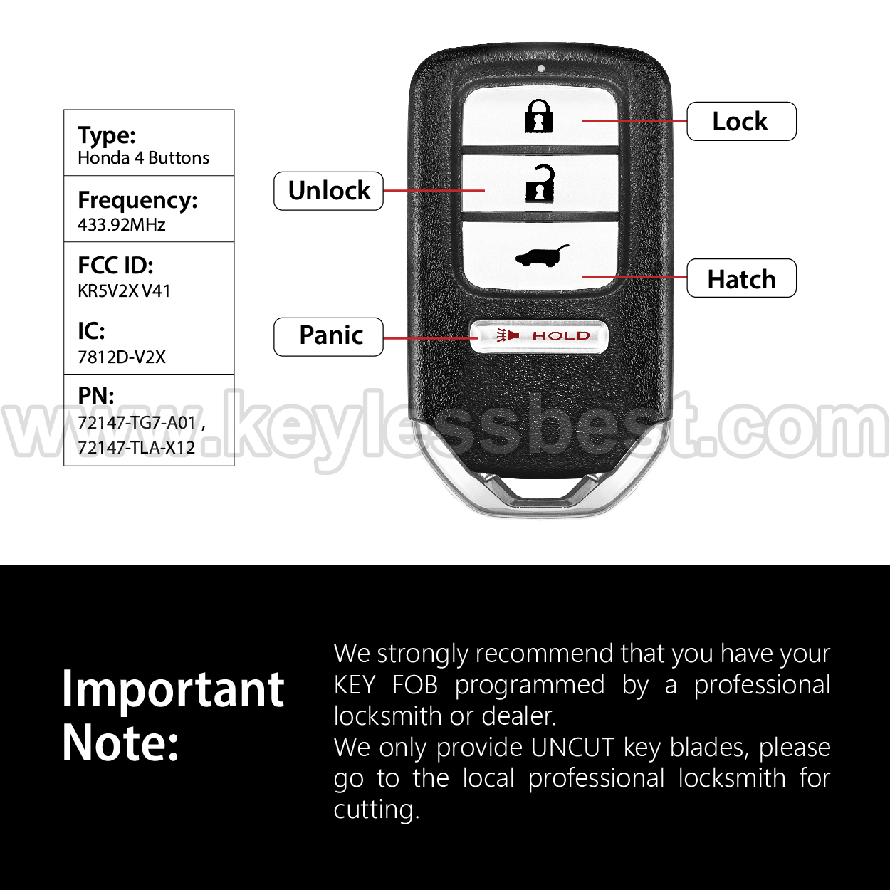 2016-2020 Honda Civic Type R Touring Odyssey Pilot LX / 4 Buttons Keyless Entry Remote / KR5V2X V41 / PN: 72147-TG7-A01 , 72147-TLA-X12 - Image 3