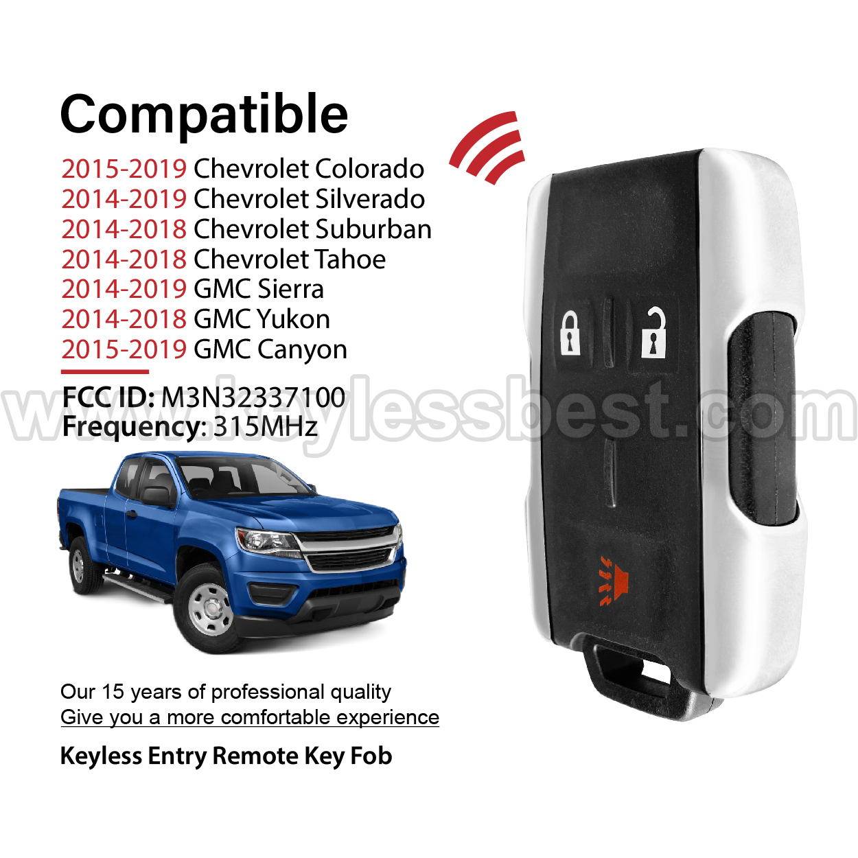 2014-2019 Chevrolet GMC Colorado Silverado Suburban Tahoe Sierra Yukon Canyon / 3 Buttons Keyless Entry Remote / M3N32337100 / PN:13577771 - Image 2