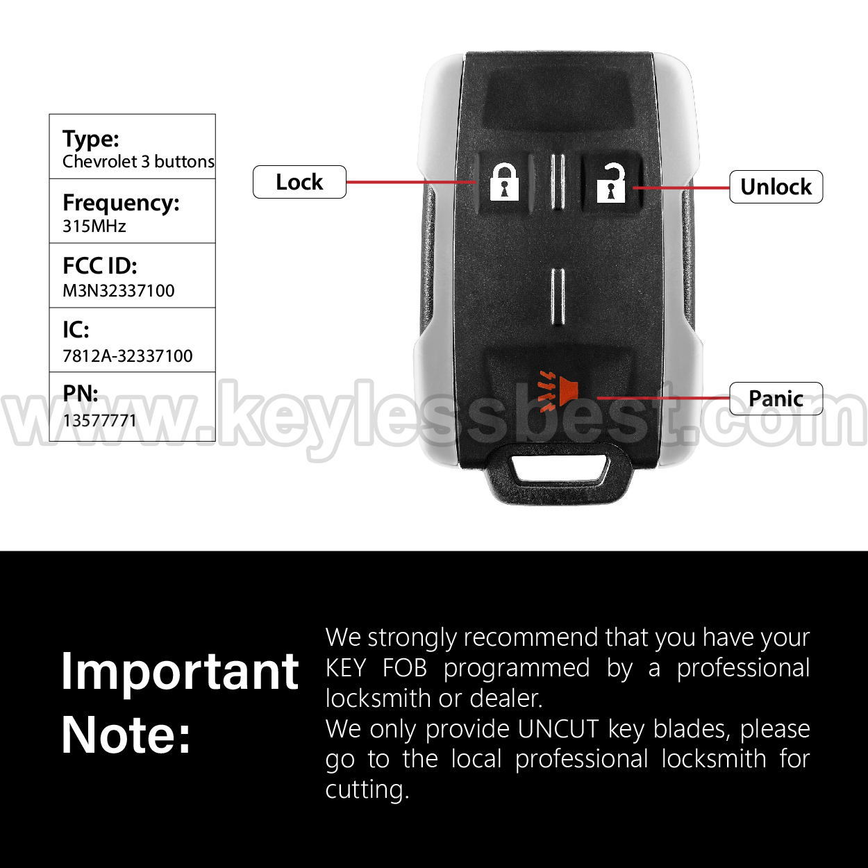 2014-2019 Chevrolet GMC Colorado Silverado Suburban Tahoe Sierra Yukon Canyon / 3 Buttons Keyless Entry Remote / M3N32337100 / PN:13577771 - Image 3