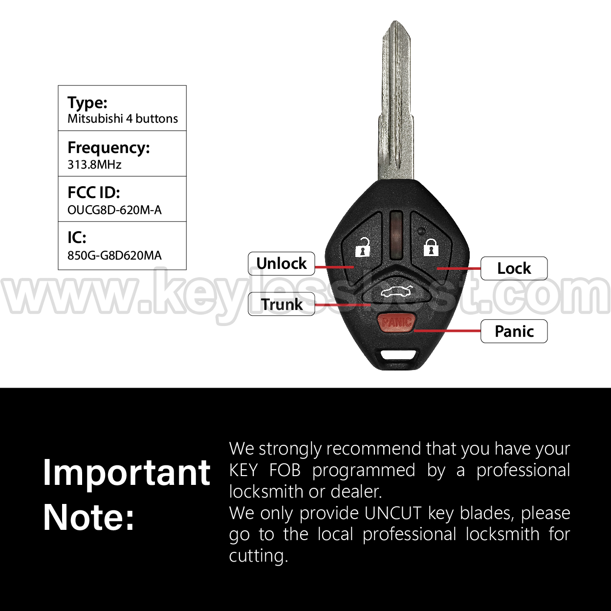 2006 - 2007 Mitsubishi Eclipse Galant / 4 Buttons Keyless Entry Remote / OUCG8D-620M-A / ID46 - Image 3