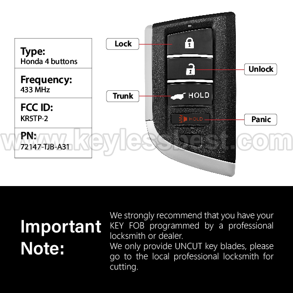 2022-2024 Acura RDX / 4 Buttons Keyless Entry Remote / KR5TP-2 / PN: 72147-TJB-A31 / 47 - Image 3