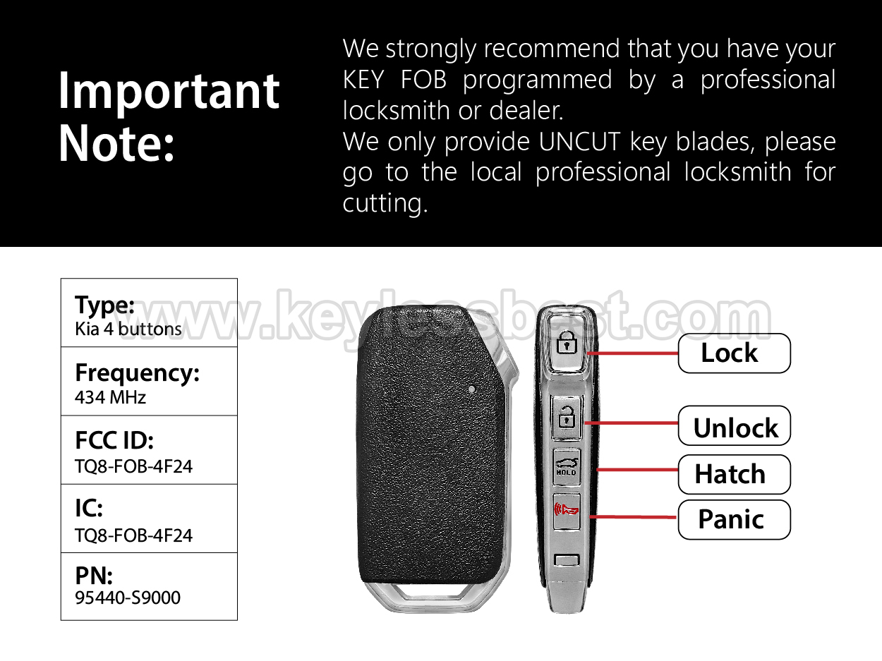 2020 Kia Telluride / 4 Buttons Keyless Entry Remote / TQ8-FOB-4F24 / PN:95440-S9000 - Image 3