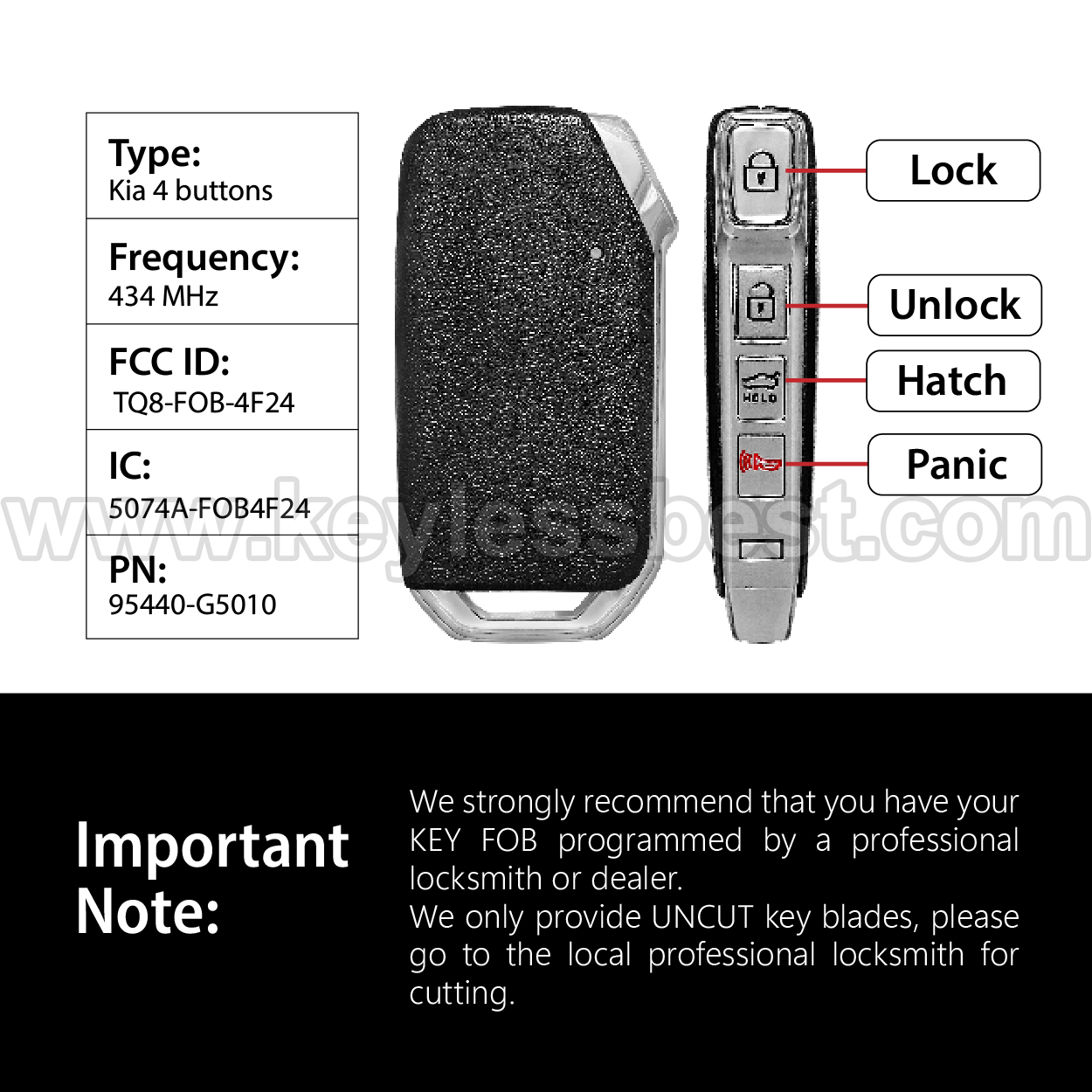 2019-2020 Kia Niro / 4 Buttons Keyless Entry Remote / TQ8-FOB-4F24 / PN:95440-G5010 - Image 3
