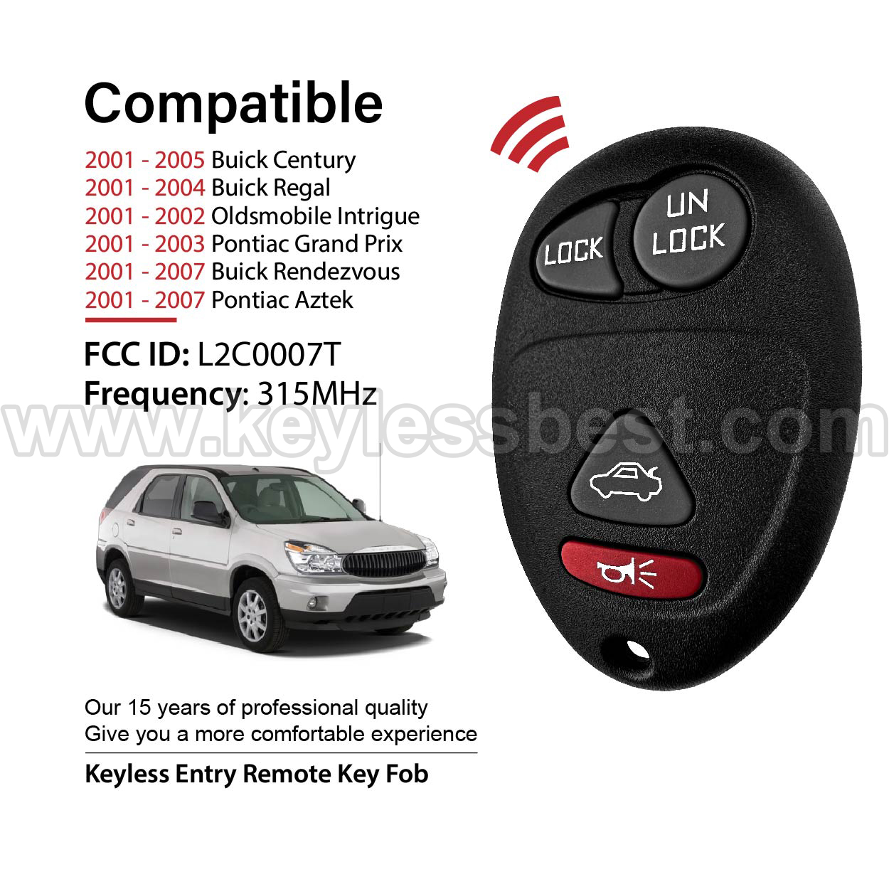 2001-2007 Buick Oldsmobile Pontiac Century Rega Intrigue Grand Prix Rendezvous Aztek / 4 Buttons Keyless Entry Remote / L2C0007T / PN:10335588, 9364556-4575 - Image 2