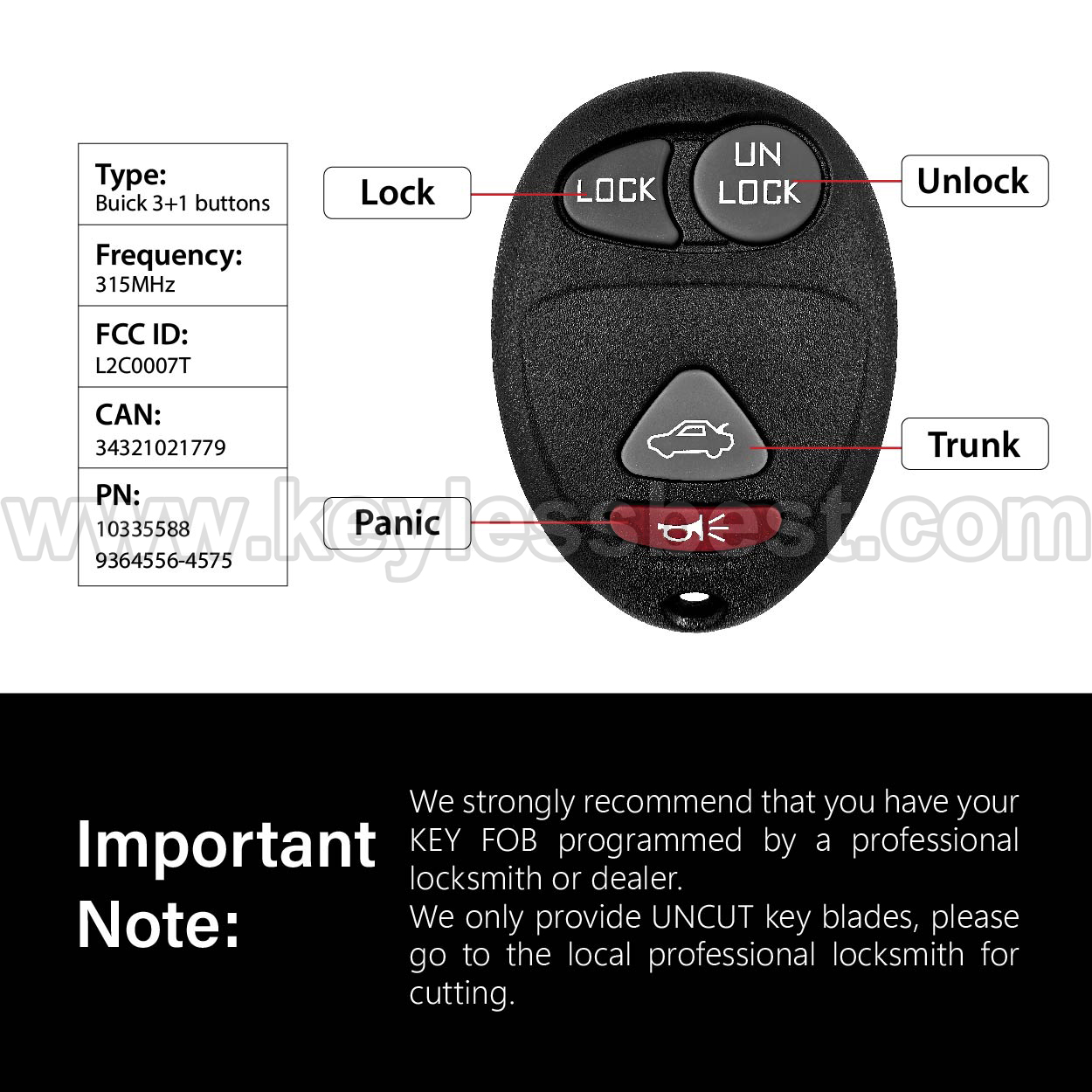 2001-2007 Buick Oldsmobile Pontiac Century Rega Intrigue Grand Prix Rendezvous Aztek / 4 Buttons Keyless Entry Remote / L2C0007T / PN:10335588, 9364556-4575 - Image 3