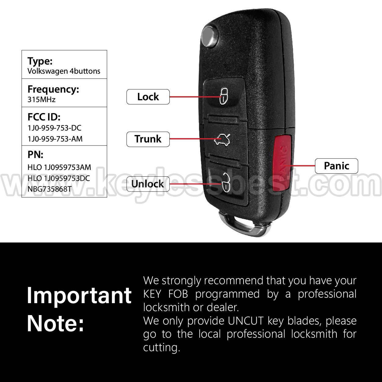 2002-2006 Volkswagen Beetle Golf Jetta Passat / 4 Buttons Keyless Entry Remote / 1J0-959-753-DC, 1J0-959-753-AM / PN: HLO 1J0959753AM, HLO 1J0959753DC, NBG735868T / ID48 - Image 3
