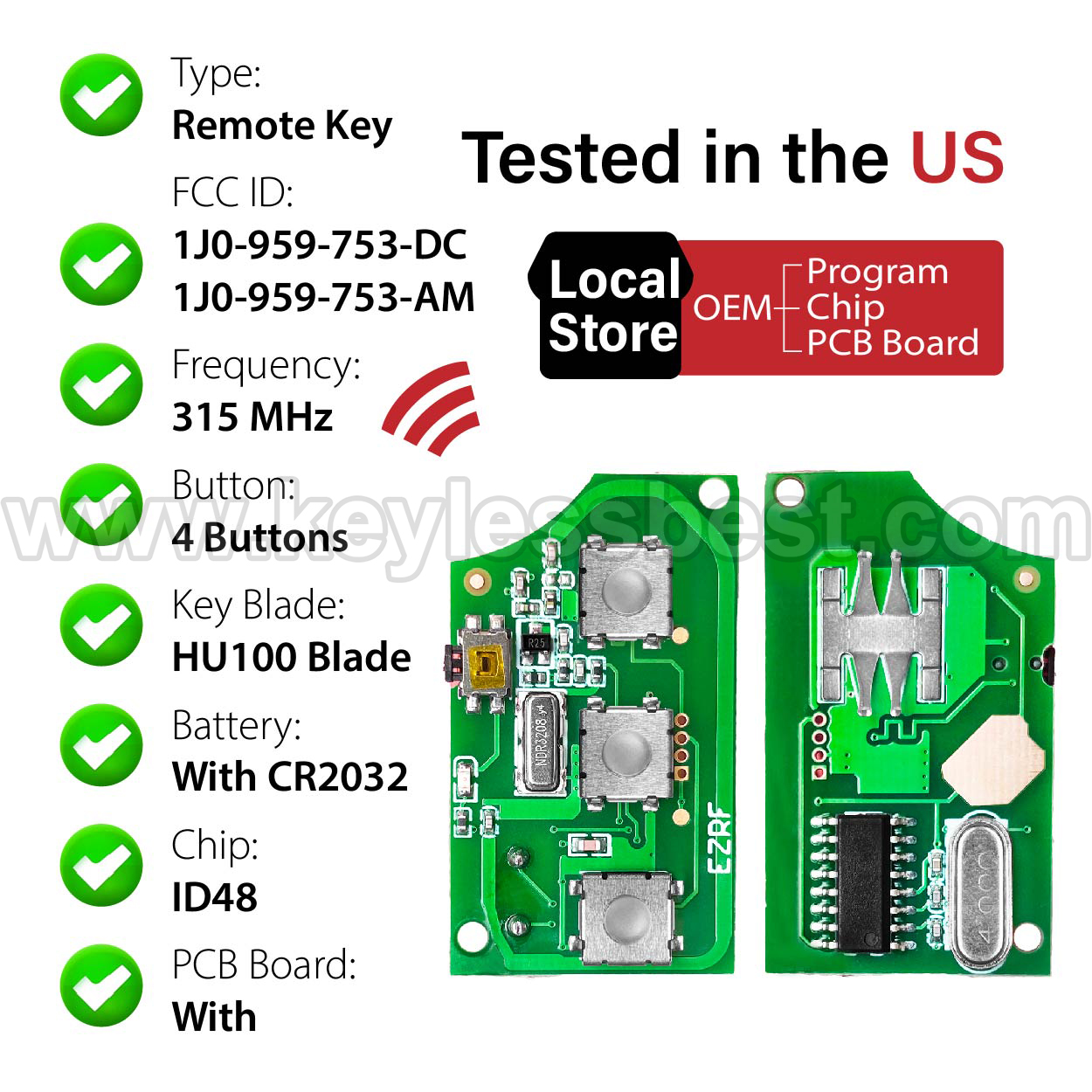 2002-2006 Volkswagen Beetle Golf Jetta Passat / 4 Buttons Keyless Entry Remote / 1J0-959-753-DC, 1J0-959-753-AM / PN: HLO 1J0959753AM, HLO 1J0959753DC, NBG735868T / ID48 - Image 4