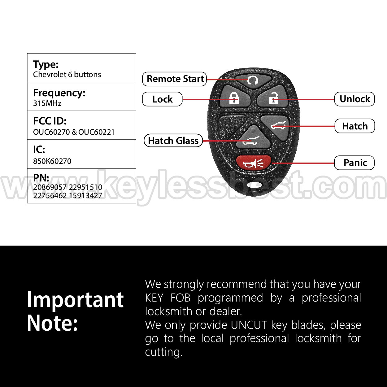 2007-2014 Cadillac GMC Chevrolet Suburban Yukon Escalade Suburban Tahoe / 6 Buttons Keyless Entry Remote / OUC60270 & OUC60221 / PN:20869057 22951510 22756462 15913427 - Image 3