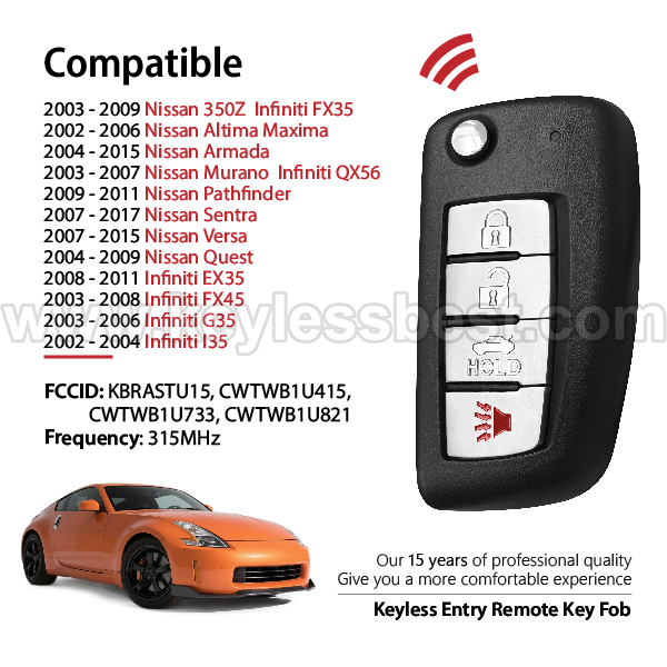 2002-2017 Nissan Infiniti 350Z Altima Armada Maxim Murano Pathfinder Sentra Versa / 4 Buttons Keyless Entry Remote / KBRASTU15, CWTWB1U415, CWTWB1U733 / PN:28268-ZB700, 28268-C991A, 28268-C991C - Image 2