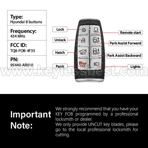 2021-2022 Hyundai Genesis G70 / 8 Buttons Keyless Entry Remote / TQ8-FOB-4F35 / PN:95440-AR010 / 47 - Image 3