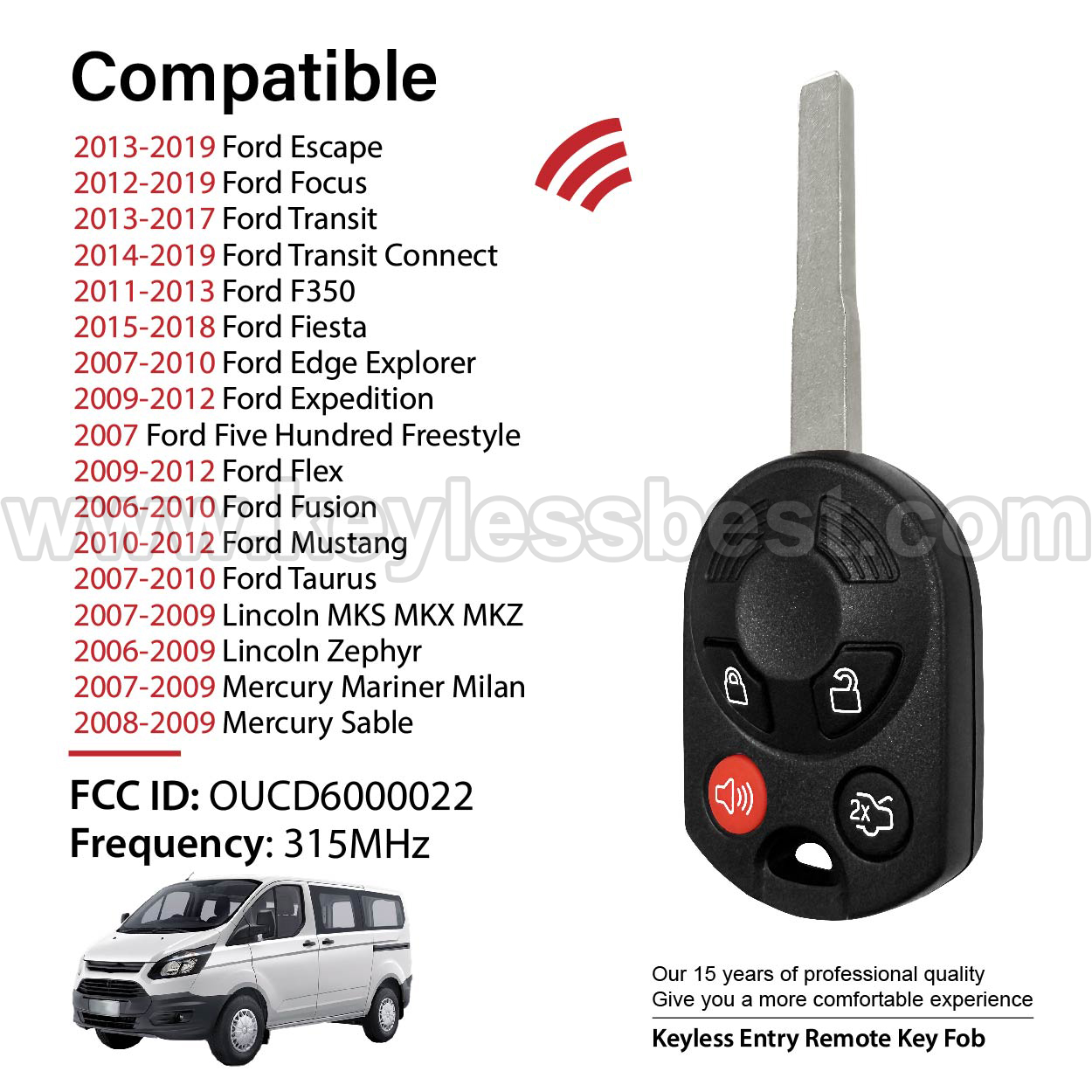 2006-2019 Ford Lincoln Mercury C-Max Escape Focus Transit Transit Connect F350 Fiesta Edge Expedition Explorer Five Hundred Flex Freestyle Fusion Mustang Taurus MKS MKX MKZ Zephyr Mariner Milan Sable / 4 Buttons Keyless Entry Remote / OUCD6000022 / PN: 164-R8046, 164-R8126 / 4D63 80Bit - Image 2