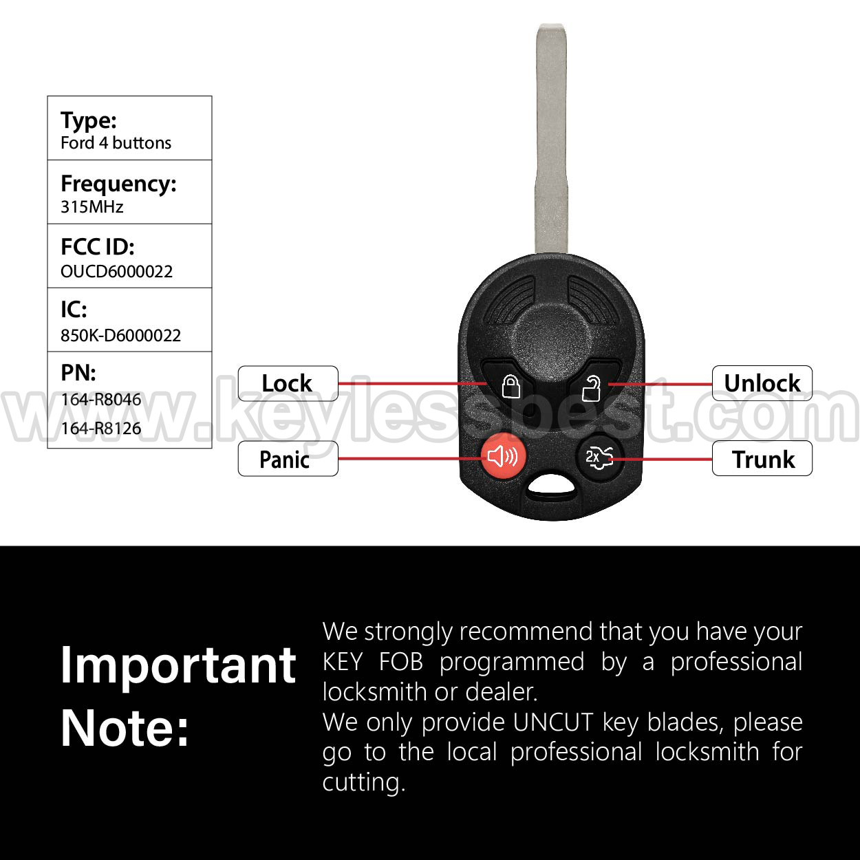 2006-2019 Ford Lincoln Mercury C-Max Escape Focus Transit Transit Connect F350 Fiesta Edge Expedition Explorer Five Hundred Flex Freestyle Fusion Mustang Taurus MKS MKX MKZ Zephyr Mariner Milan Sable / 4 Buttons Keyless Entry Remote / OUCD6000022 / PN: 164-R8046, 164-R8126 / 4D63 80Bit - Image 3