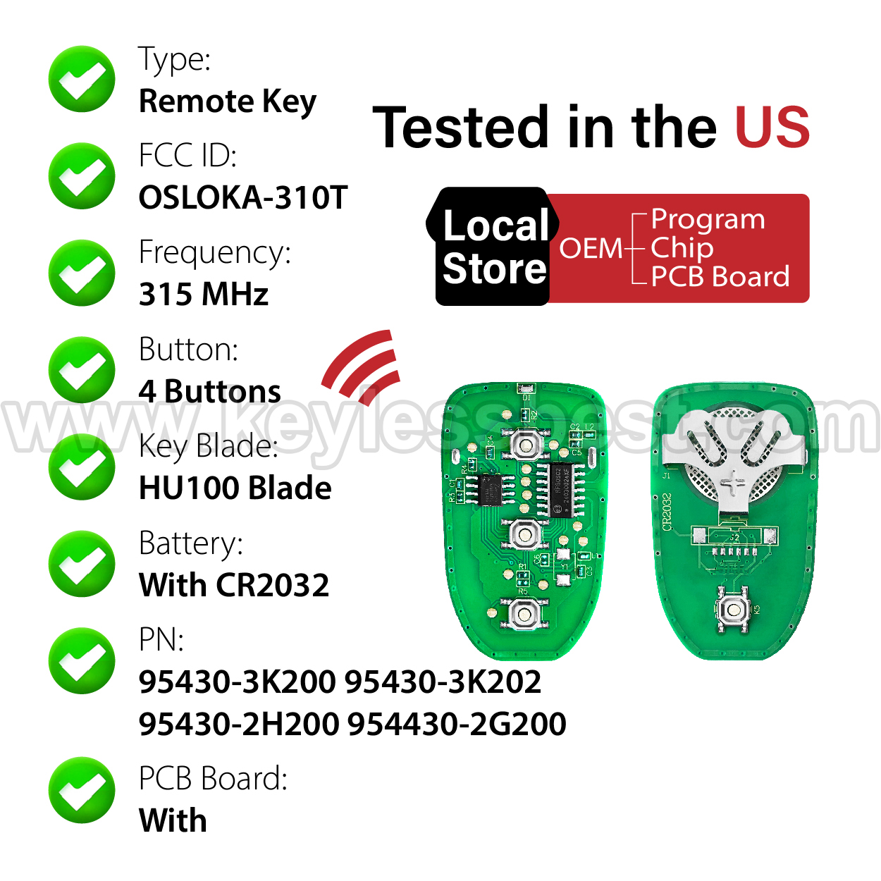 2006-2010 Hyundai Kia Sonata Elantra Sedan Optima / 4 Buttons Keyless Entry Remote / OSLOKA-310T / PN: 95430-3K200 95430-3K202 95430-2H200 954430-2G200 - Image 4
