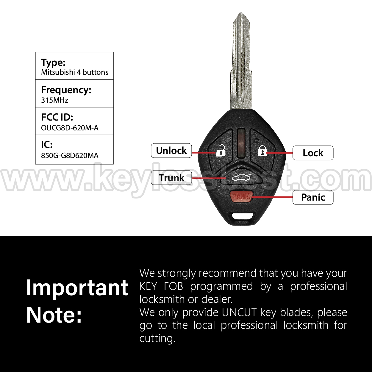 2007-2012 Mitsubishi Eclipse Galant / 4 Buttons Keyless Entry Remote / OUCG8D-620M-A / ID46 - Image 3