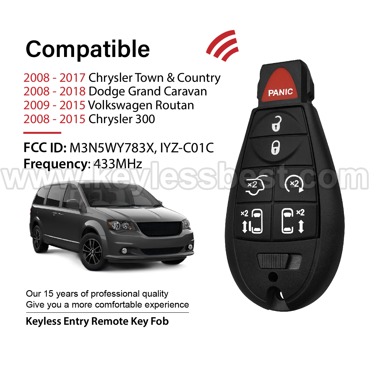 2006-2018 Chrysler Dodge Volkswagen Jeep Town & Country Grand Caravan Routan 300 Town & Country Limited Caravan / 7 Buttons Keyless Entry Remote / M3N5WY783X, IYZ-C01C / PN:56046708AG. Interchangeable PN: 05026197AB; 56046708AA; 56046708AB; 68043593AB; 05026197AF; 56046708AC; 68043593AC;56046708AE / ID 46 CHR - Image 2