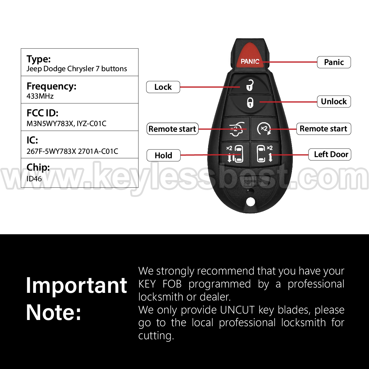 2006-2018 Chrysler Dodge Volkswagen Jeep Town & Country Grand Caravan Routan 300 Town & Country Limited Caravan / 7 Buttons Keyless Entry Remote / M3N5WY783X, IYZ-C01C / PN:56046708AG. Interchangeable PN: 05026197AB; 56046708AA; 56046708AB; 68043593AB; 05026197AF; 56046708AC; 68043593AC;56046708AE / ID 46 CHR - Image 3
