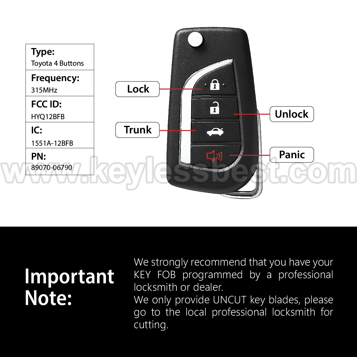 2018-2022 Toyota Camry Camry Hybrid Corolla / 4 Buttons Keyless Entry Remote / HYQ12BFB / PN: 89070-06790 / H - Image 3