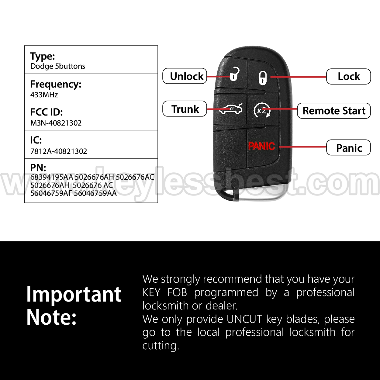 2011-2021 Dodge Chrysler Fiat Charger Dart Challenger Journey DURANGO Challenger SRT Hellcat 300 200 500X / 5 Buttons Keyless Entry Remote / M3N-40821302 / PN: 68394195AA 5026676AH 5026676AC 5026676AH 5026676 AC 56046759AF 56046759AA / 46 - Image 3