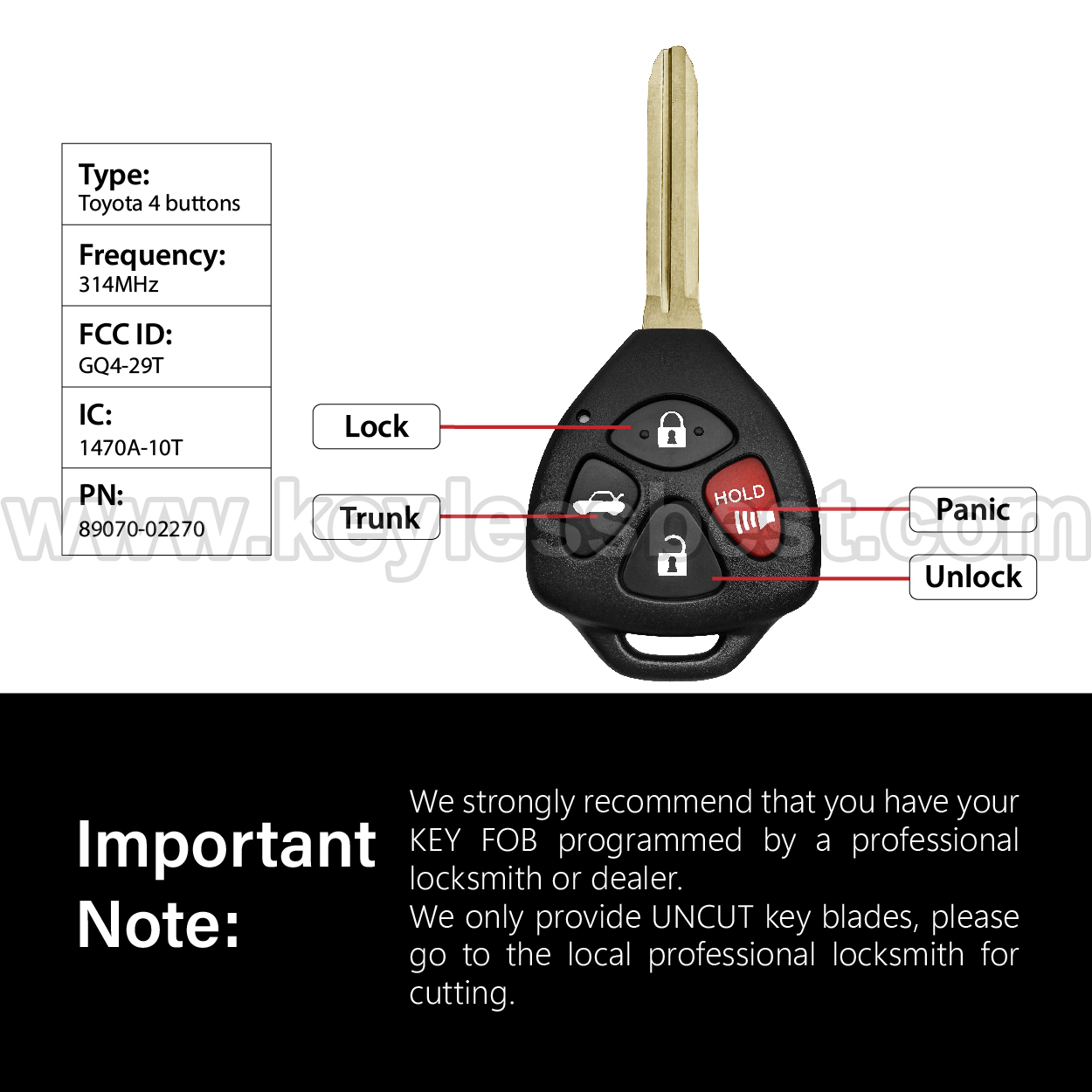 2008-2012 Toyota Avalon Corolla / 4 Buttons Keyless Entry Remote / GQ4-29T / PN: 89070-02270 / 4D67 - Image 3