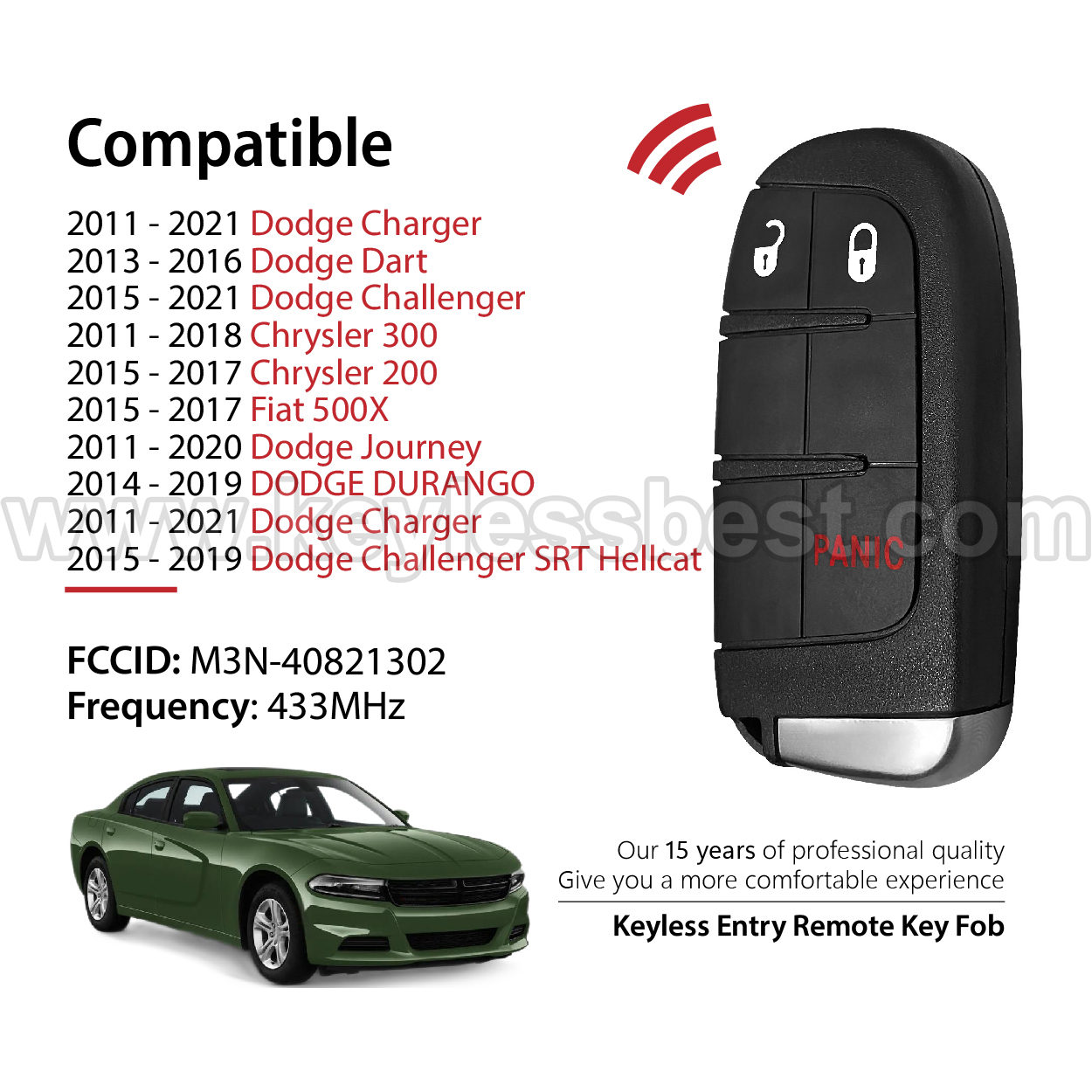 2011-2021 Dodge Chrysler Fiat Charger Dart Challenger Journey DURANGO Challenger SRT Hellcat 300 200 500X / 3 Buttons Keyless Entry Remote / M3N-40821302 /PN: 68066349AF 68066349AG / 46 4A AES - Image 2