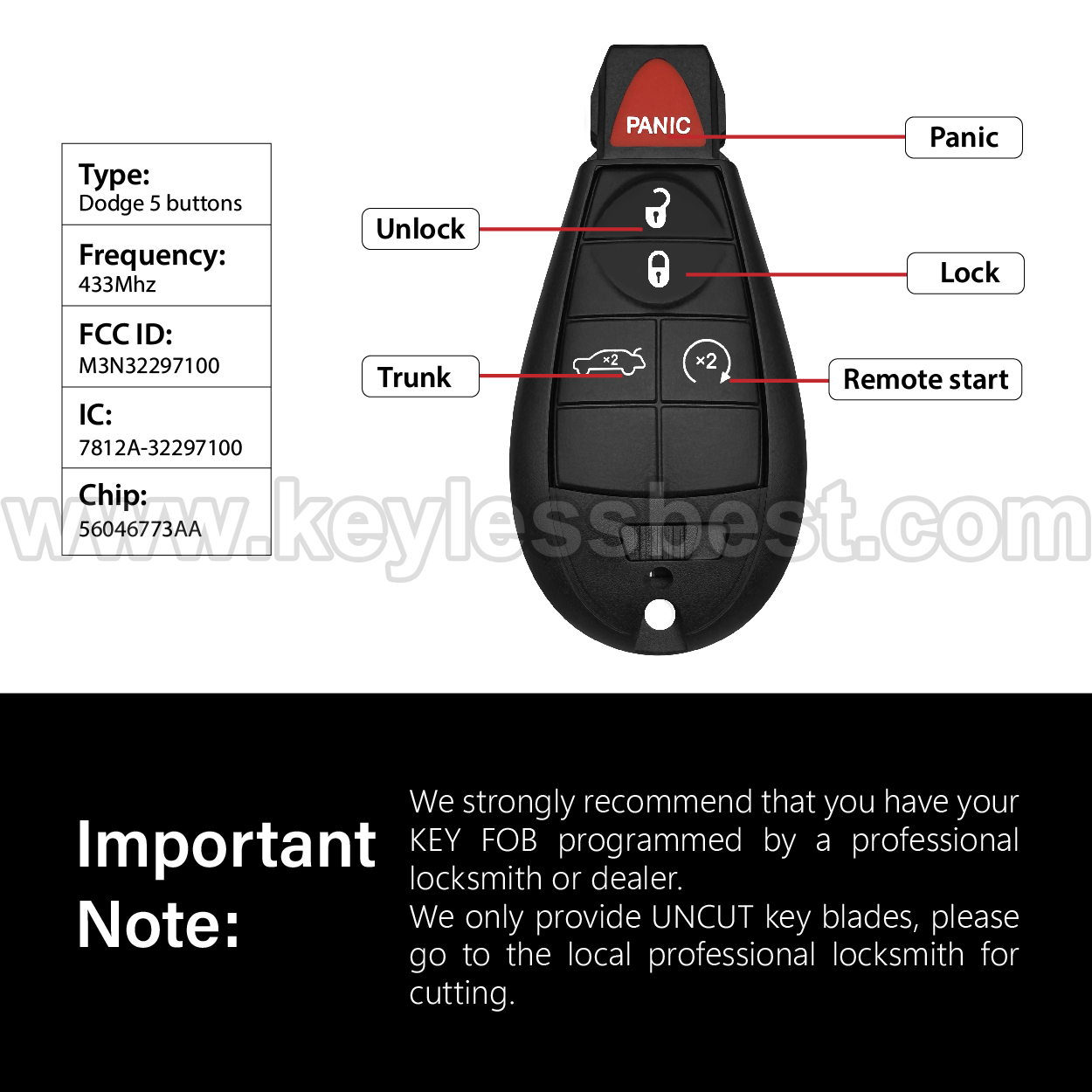 2008-2014 Dodge Jeep Chrysler Charger Grand Cherokee 300 Magnum Challenger Durango / 5 Buttons Keyless Entry Remote / M3N5WY783X, IYZ-C01C / ID46 - Image 3