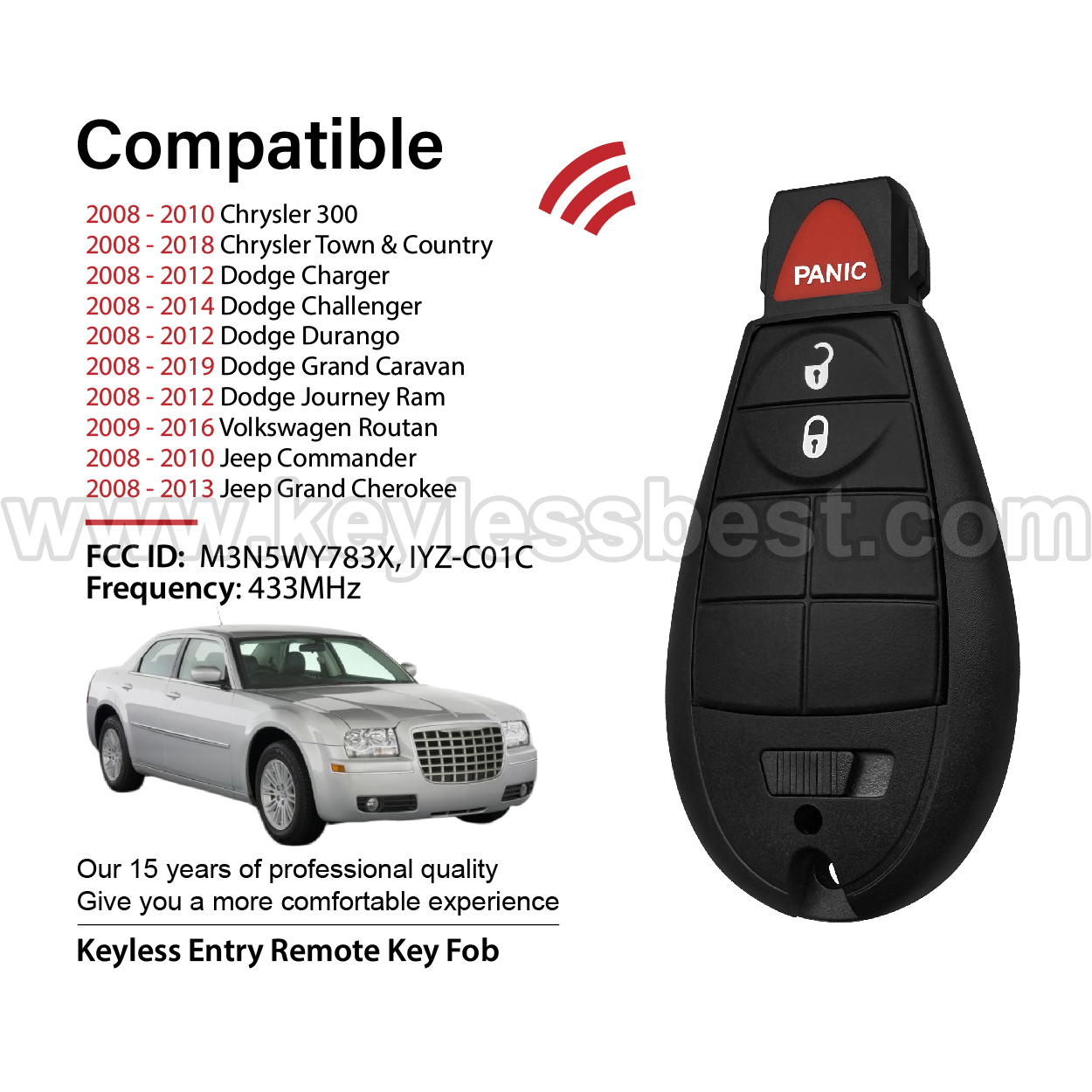 2008-2019 Chrysler Dodge Volkswagen Jeep 300 Town & Country Charger Challenger Durango Grand Caravan Journey Ram Routan Commander Grand Cherokee / 3 Buttons Keyless Entry Remote / M3N5WY783X, IYZ-C01C / 46 - Image 2