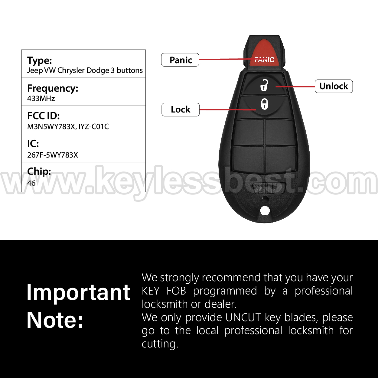 2008-2019 Chrysler Dodge Volkswagen Jeep 300 Town & Country Charger Challenger Durango Grand Caravan Journey Ram Routan Commander Grand Cherokee / 3 Buttons Keyless Entry Remote / M3N5WY783X, IYZ-C01C / 46 - Image 6