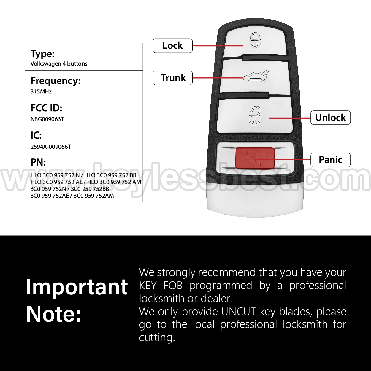 2006 - 2015 Volkswagen Passat CC / 4 Buttons Keyless Entry Remote / NBG009066T / PN: HLO 3C0 959 752 N, HLO 3C0 959 752 BB, HLO 3C0 959 752 AE, HLO 3C0 959 752 AM,3C0 959 752N, 3C0 959 752BB, 3C0 959 752AE, 3C0 959 752AM / ID 48 - Image 3