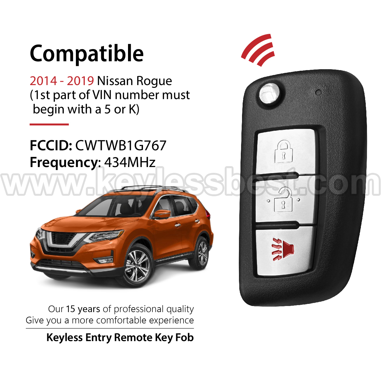 2014 - 2019 Nissan Rogue / 3 Buttons Keyless Entry Remote / CWTWB1G767 / PN: 28268-4BA1A, H0561-4BA1A / 4A - Image 2