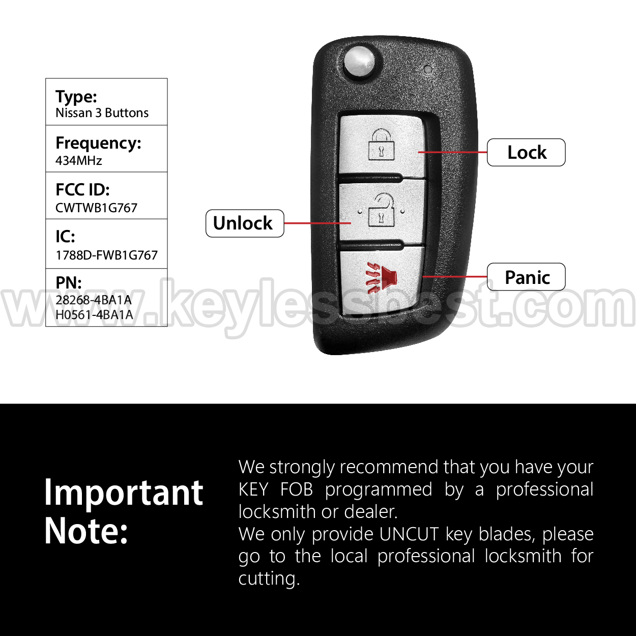 2014 - 2019 Nissan Rogue / 3 Buttons Keyless Entry Remote / CWTWB1G767 / PN: 28268-4BA1A, H0561-4BA1A / 4A - Image 3