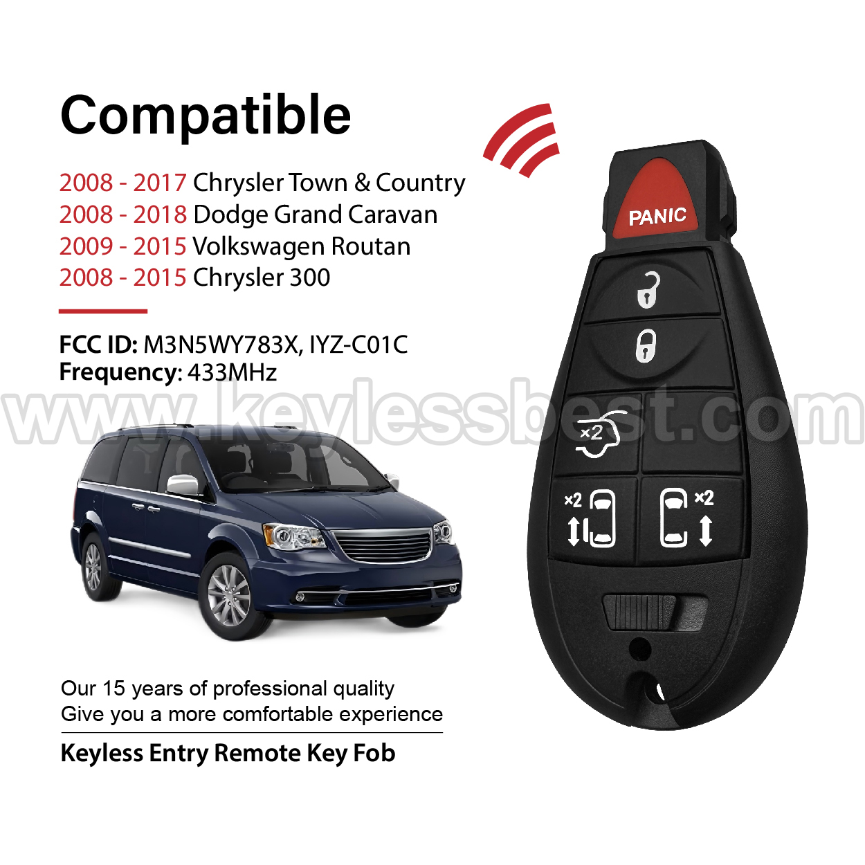 2006-2018 Chrysler Dodge Volkswagen Jeep Town & Country Grand Caravan Routan 300 Town & Country Limited Caravan Challenger Charger Durango Journey Magnum Dakota RAM Grand Cherokee Commander / 6 Buttons Keyless Entry Remote / M3N5WY783X, IYZ-C01C / PN: 56046708AG. / ID 46 CHR - Image 2