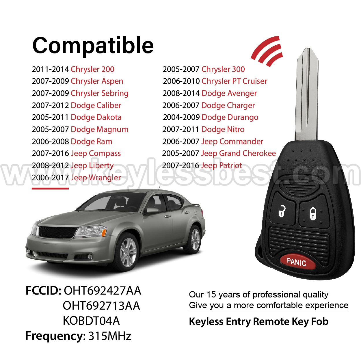 2004-2017 Chrysler Dodge Jeep 200 300 Aspen PT Cruiser Sebring Avenger Caliber Charger Dakota Durango Magnum Nitro Ram Commander Compass Grand Cherokee Liberty Patriot Wrangler / 3 Buttons Keyless Entry Remote / OHT692427AA, OHT692713AA, KOBDT04A / PN: 56040649ac 56040649 05175789AA 05175786AA 05175817AA / 46 - Image 2