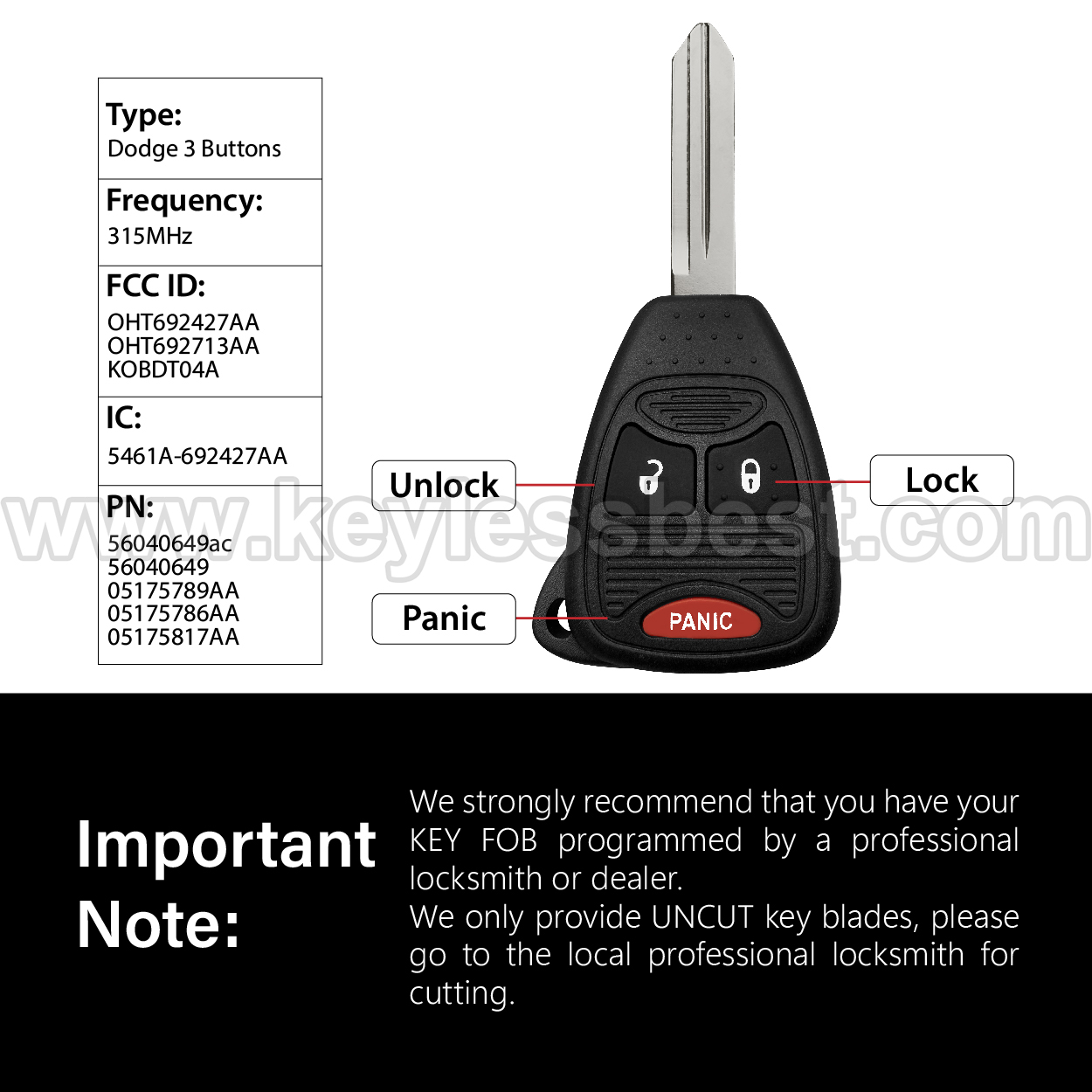 2004-2017 Chrysler Dodge Jeep 200 300 Aspen PT Cruiser Sebring Avenger Caliber Charger Dakota Durango Magnum Nitro Ram Commander Compass Grand Cherokee Liberty Patriot Wrangler / 3 Buttons Keyless Entry Remote / OHT692427AA, OHT692713AA, KOBDT04A / PN: 56040649ac 56040649 05175789AA 05175786AA 05175817AA / 46 - Image 3