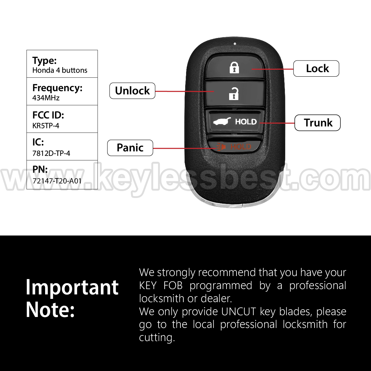 2023-2024 Honda CR-V CR-V Hybrid HR-V Pilot / 4 Buttons Keyless Entry Remote / KR5TP-4 / PN:72147-T20-A01 / 4A - Image 3