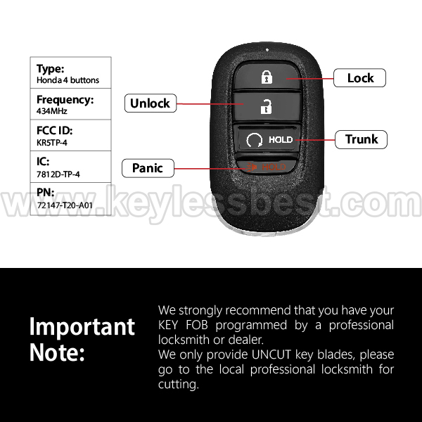 2023-2024 Honda CR-V CR-V Hybrid HR-V Pilot / 4 Buttons Keyless Entry Remote / KR5TP-4 / PN:72147-T20-A01 / 4A - Image 3