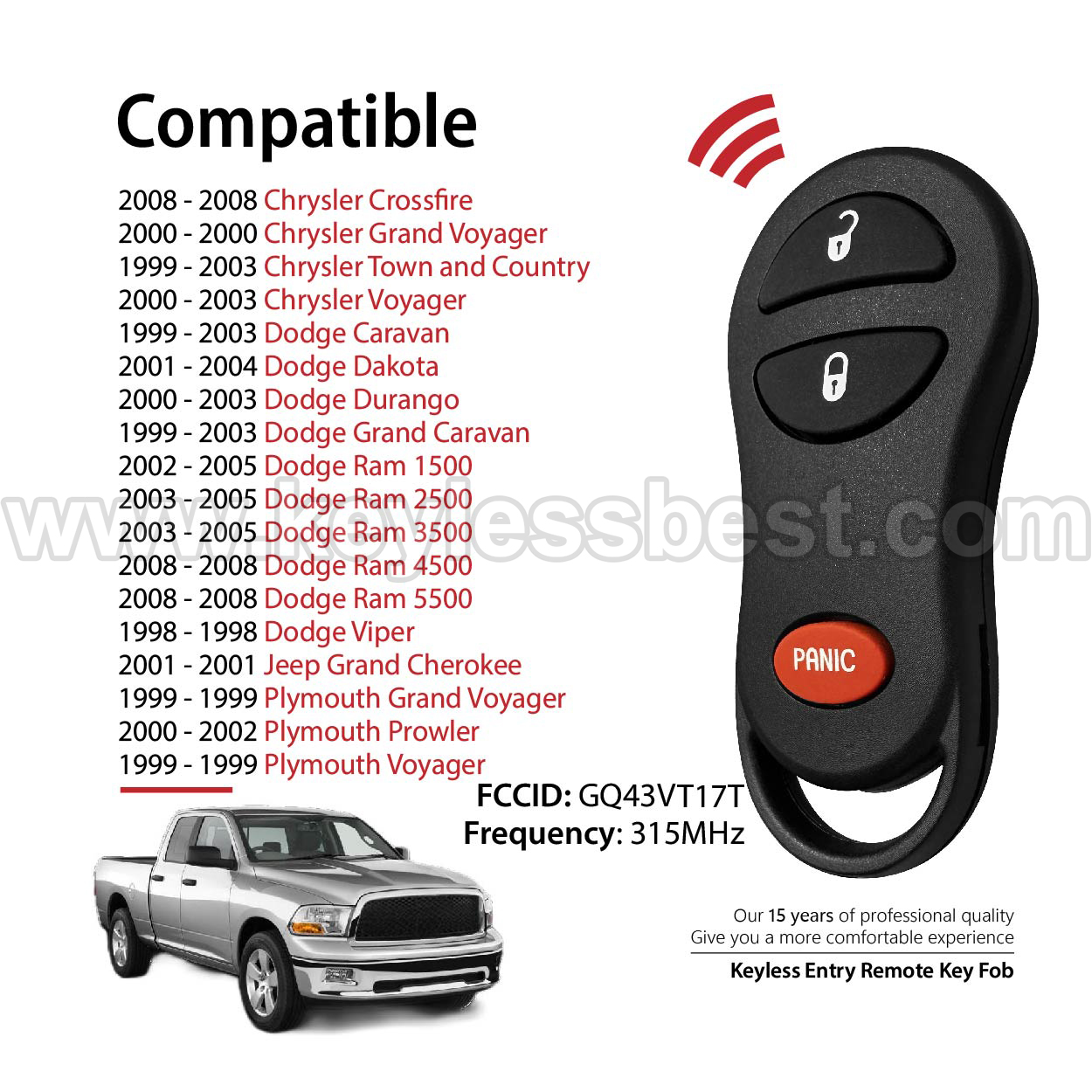 1998-2008 Chrysler Dodge Jeep Plymouth Crossfire Grand Voyager Town and Country Voyager Caravan Dakota Durango Grand Caravan Ram 1500 Ram 2500 Ram 3500 Ram 4500 Ram 5500 Viper Grand Cherokee Grand Voyager Prowler Voyager / 3 Buttons Keyless Entry Remote / GQ43VT17T / PN: 04686481AB - Image 2