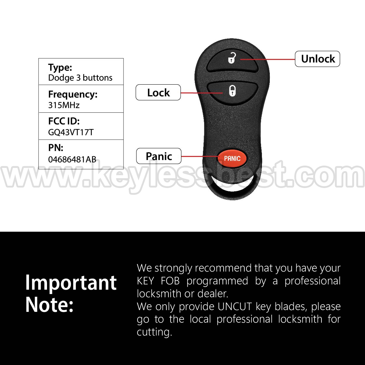1998-2008 Chrysler Dodge Jeep Plymouth Crossfire Grand Voyager Town and Country Voyager Caravan Dakota Durango Grand Caravan Ram 1500 Ram 2500 Ram 3500 Ram 4500 Ram 5500 Viper Grand Cherokee Grand Voyager Prowler Voyager / 3 Buttons Keyless Entry Remote / GQ43VT17T / PN: 04686481AB - Image 3