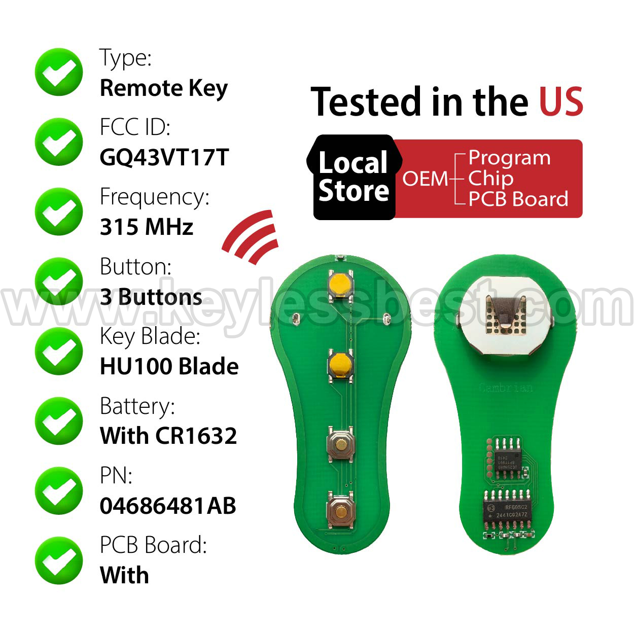1998-2008 Chrysler Dodge Jeep Plymouth Crossfire Grand Voyager Town and Country Voyager Caravan Dakota Durango Grand Caravan Ram 1500 Ram 2500 Ram 3500 Ram 4500 Ram 5500 Viper Grand Cherokee Grand Voyager Prowler Voyager / 3 Buttons Keyless Entry Remote / GQ43VT17T / PN: 04686481AB - Image 4