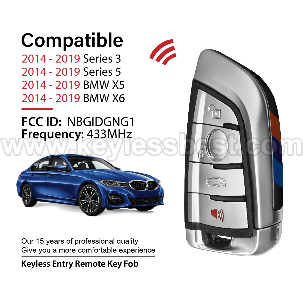 2014-2019 BMW X5 X6 Series 5 Series 3 / 4 Buttons Keyless Entry Remote / NBGIDGNG1 / 49 HITAG PRO - Image 2