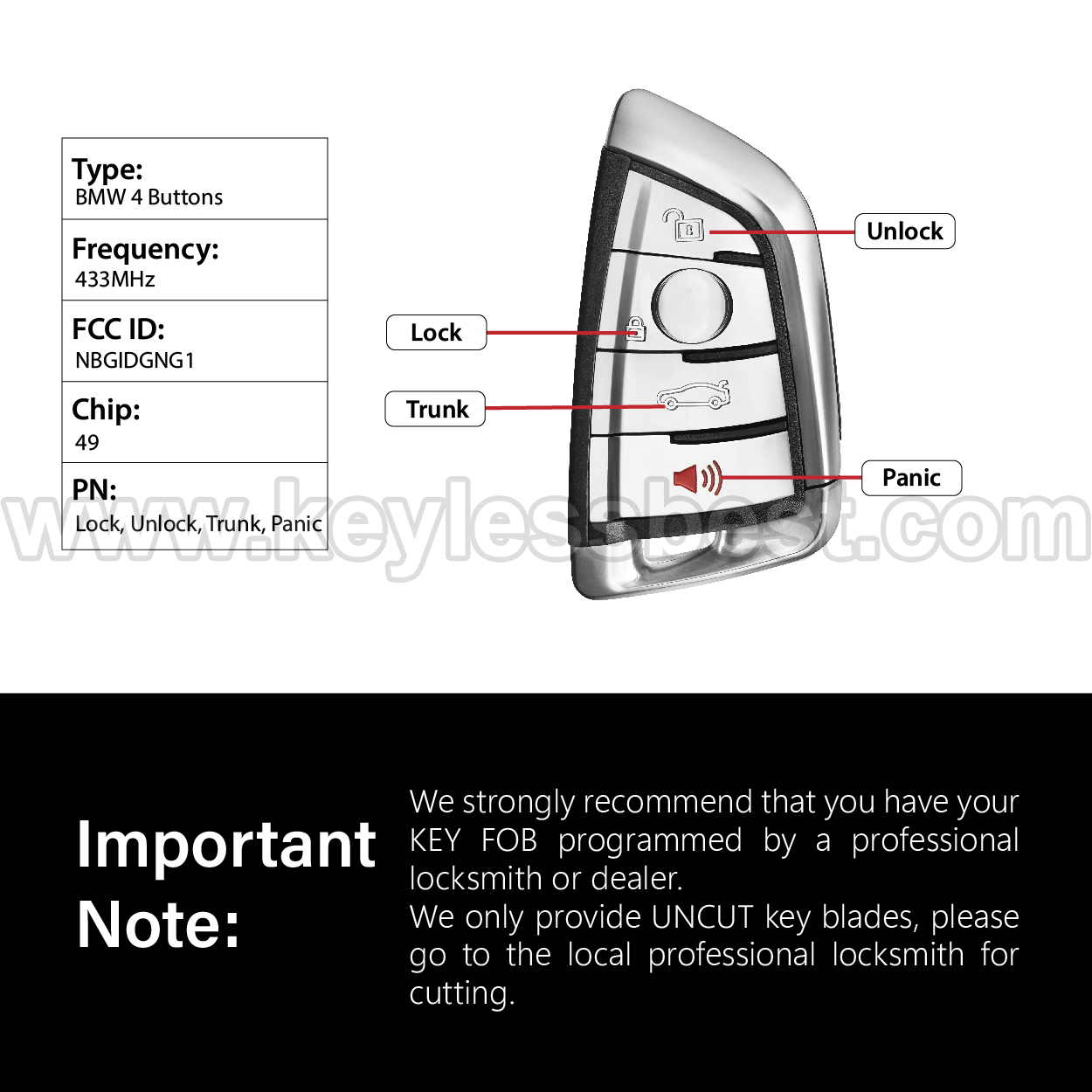 2014-2019 BMW X5 X6 Series 5 Series 3 / 4 Buttons Keyless Entry Remote / NBGIDGNG1 / 49 HITAG PRO - Image 3