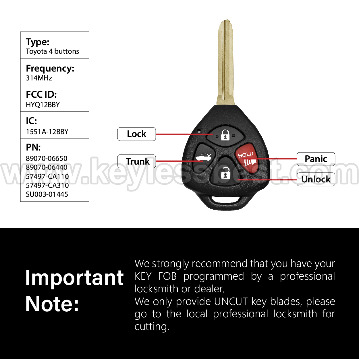 2010-2020 Toyota Subaru Scion Camry BRZ FR-S / 4 Buttons Keyless Entry Remote / HYQ12BBY / PN: 89070-06650, 89070-06440 57497-CA110 57497-CA310 SU003-01445 / G - Image 3