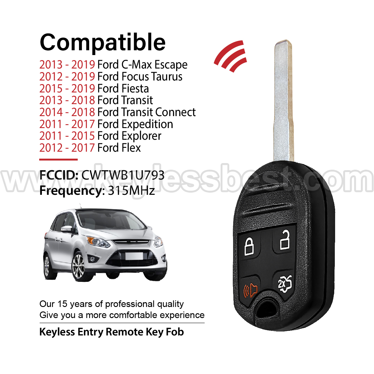 2011-2019 Ford C-Max Escape Focus Fiesta Transit Transit Connect Expedition Explorer Flex Taurus / 4 Buttons Keyless Entry Remote / CWTWB1U793 / PN: 5922964, 164-R8046, 164-R7976 / 4D63 80Bit - Image 2