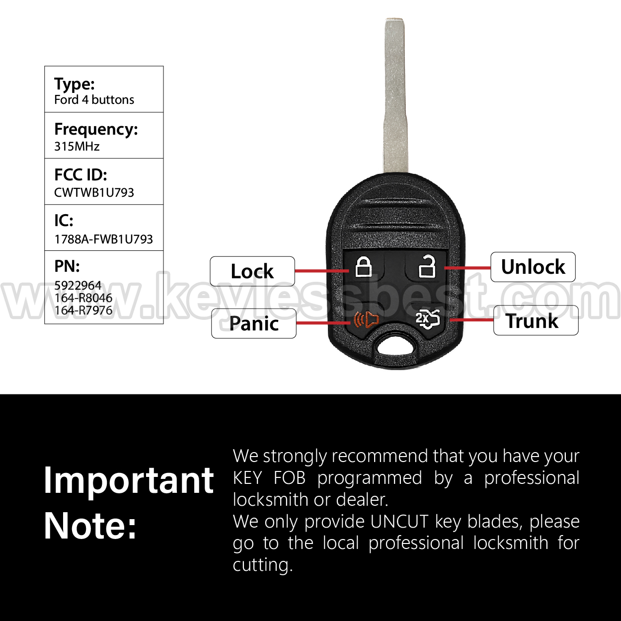 2011-2019 Ford C-Max Escape Focus Fiesta Transit Transit Connect Expedition Explorer Flex Taurus / 4 Buttons Keyless Entry Remote / CWTWB1U793 / PN: 5922964, 164-R8046, 164-R7976 / 4D63 80Bit - Image 3