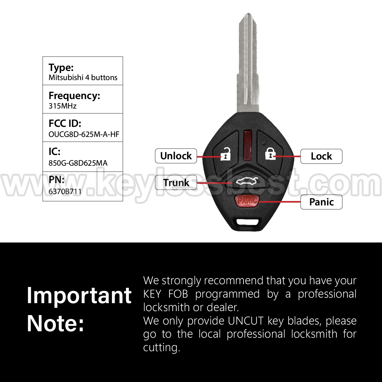 2007 - 2017 Mitsubishi I-MeiV Outlander Outlander Sport / 4 Buttons Keyless Entry Remote / OUCG8D-625M-A-HF / PN: 6370B711 / ID46 - Image 3