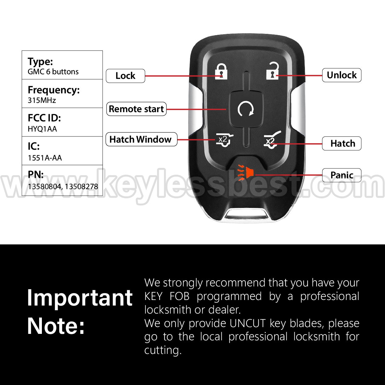 2015 - 2020 GMC Chevrolet Yukon Yukon XL Suburban Tahoe / 6 Buttons Keyless Entry Remote / HYQ1AA / PN: 13580804, 13508278 - Image 3