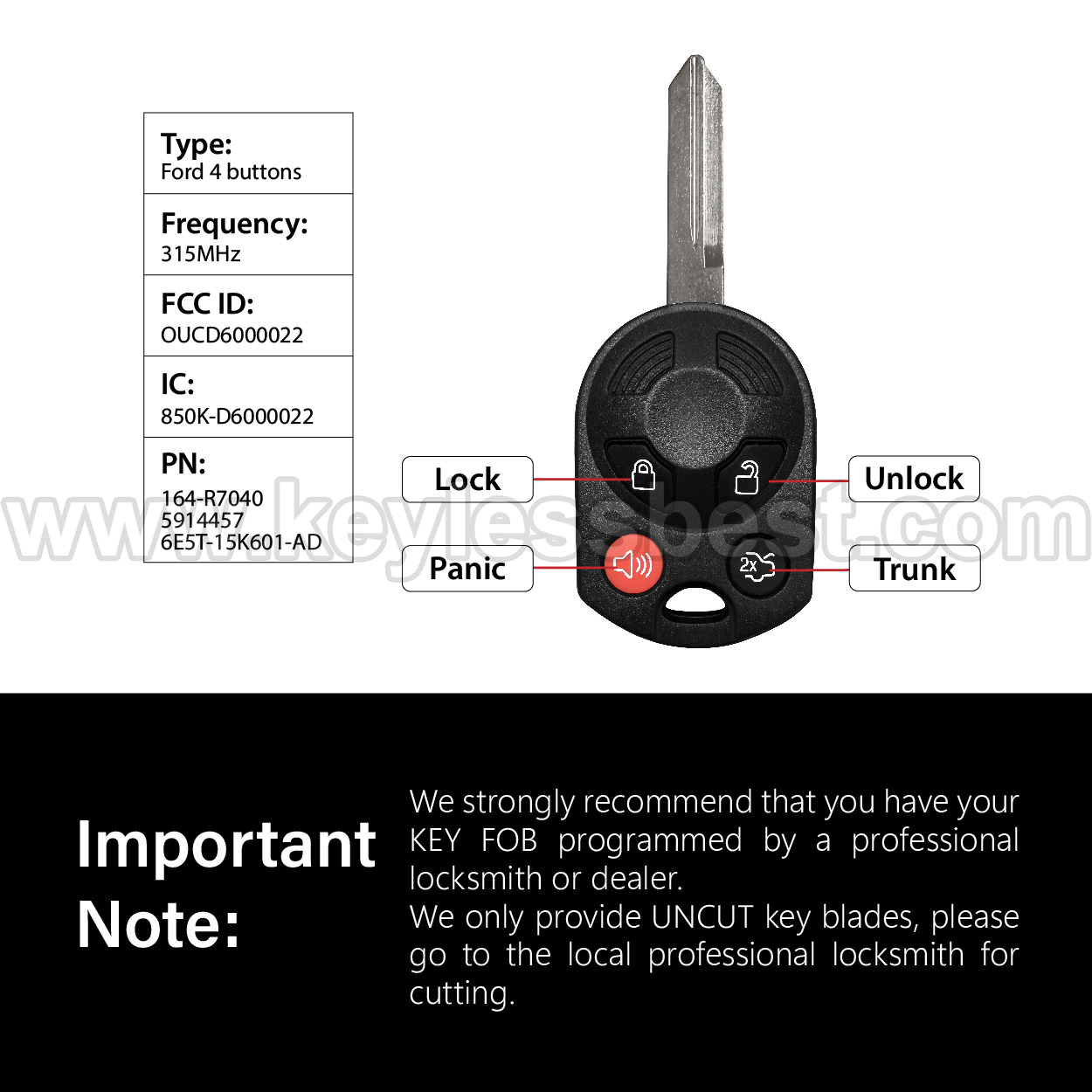 2000-2018 Ford Lincoln Mazda Mercury Edge Escape Expedition Explorer Explorer Sport Trac F-150 - F-350 Flex Focus Fusion Freestar Freestyle Ranger Taurus X Windstar / 3 Buttons Keyless Entry Remote / OUCD6000022 / PN: 850K-D6000022, 692810, 164-R7043, 5904306 / 4D63 80Bit - Image 3