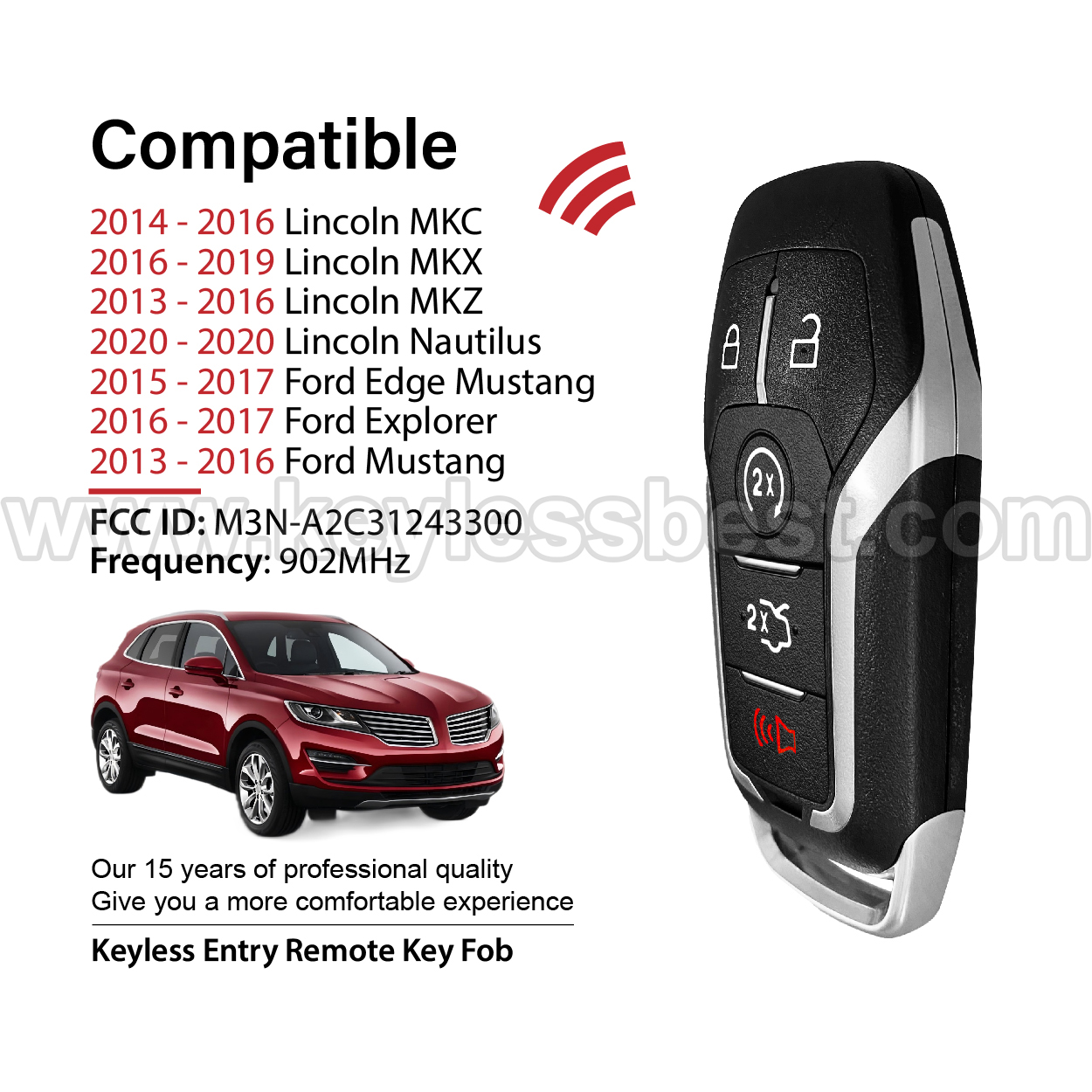 2013-2020 Lincoln Ford MKC MKX MKZ Nautilu Edge Explorer Mustang Mustang / 5 Buttons Keyless Entry Remote / M3N-A2C31243300 / PN:5923896 164-R7989 DS7T-15K601-CL 5926056 164-R8119 FR3Y-15K601-CC FR3T-15K601-CC / 49 - Image 2